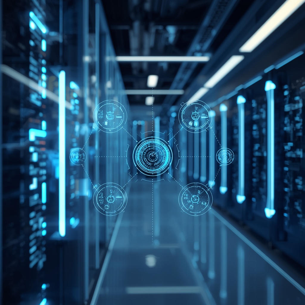 A futuristic high-tech laboratory with glowing holographic interfaces and server racks in the background, blue and silver lighting